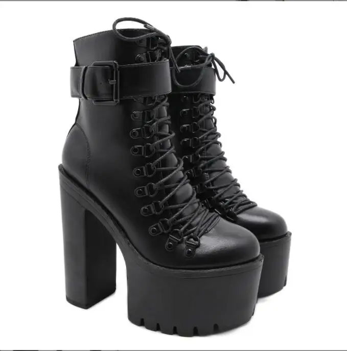 New platform heels winter Fashion Motorcycle Boots Women Leather Spring Autumn Metal Buckle High Heels Shoes Black Ankle Boots