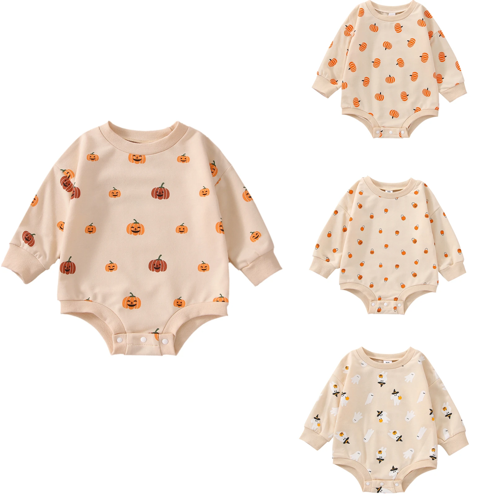 

Halloween Toddler Baby Romper Pumpkin Print Crew Neck Long Sleeve Snap Bodysuit Infant Boys Girls Playsuit Jumpsuit 3-18 Months