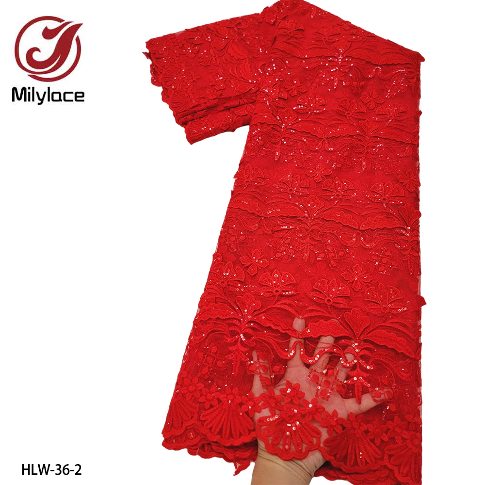 

Luxury African Lace Handmade Beads Lace Fabric with Sequins Latest Nigeria Embroidery Lace Tulle Fabric for Wedding Dress HLW-36