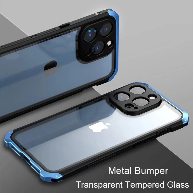 Aluminum Metal Phone Case For iPhone 11 13 14 Pro Max Fall Protection Metal Frame Glass Back Cover For Iphone XS MAX XR 7 8 Plus