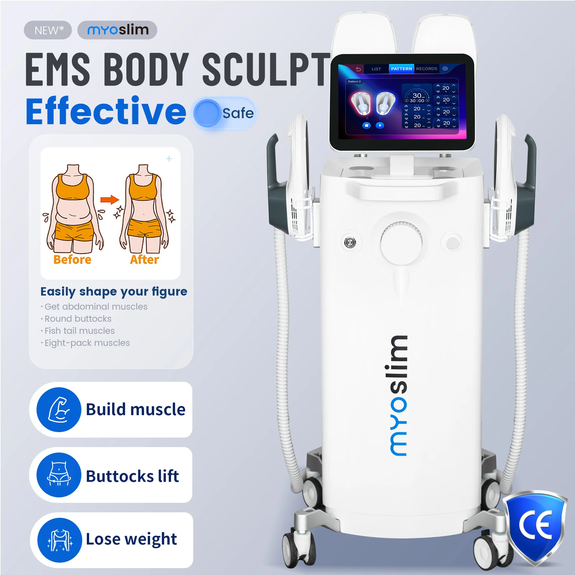 Фото Аппарат MYOslim Sculpt 6500 Вт: EMS RF для сжигания жира, стимуляции мышц и коррекции фигуры, 15 электромагнитных терапий №2