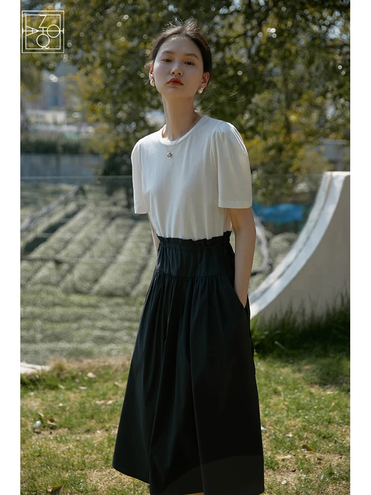 

ZIQIAO Japanese Simple Casual Black White Stitching Dress Pleated Design A-LINE Skirts Pocket Design Waist Mid-length Dress