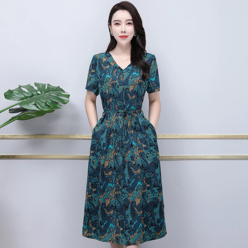 

Elegant Casual Women's Long Dresses Summer 2023 New V-Neck Short Slreeve Vintage Dress for Women Korean Clothing High Quality