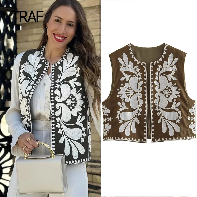 

TRAF New Embroidery Vests for Women Summer 2023 Sleeveless O-Neck Female Waistcoat Elegant Working Vest Vintage Sleeveless Tops