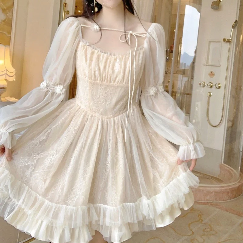 

Spring Dresses For Women Cute Woman Summer Sundress Y2k Dress Elegant Fairy Lace Dress School Female Long-Sleeved Vestidos