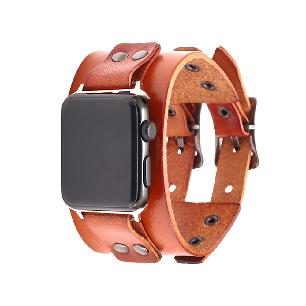 

Punk Double Button Bracelet For Apple Watch Band 38mm 40mm 41mm 42mm 44mm 45mm Leather Wristband iWatch Strap Series 4 5 6 7 SE