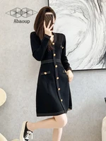 A-LINE Knitting High Waist Women's Dress Knee-Length Pullover V-Neck Soft Comfortable Long Sleeve Skirt Black Button Design