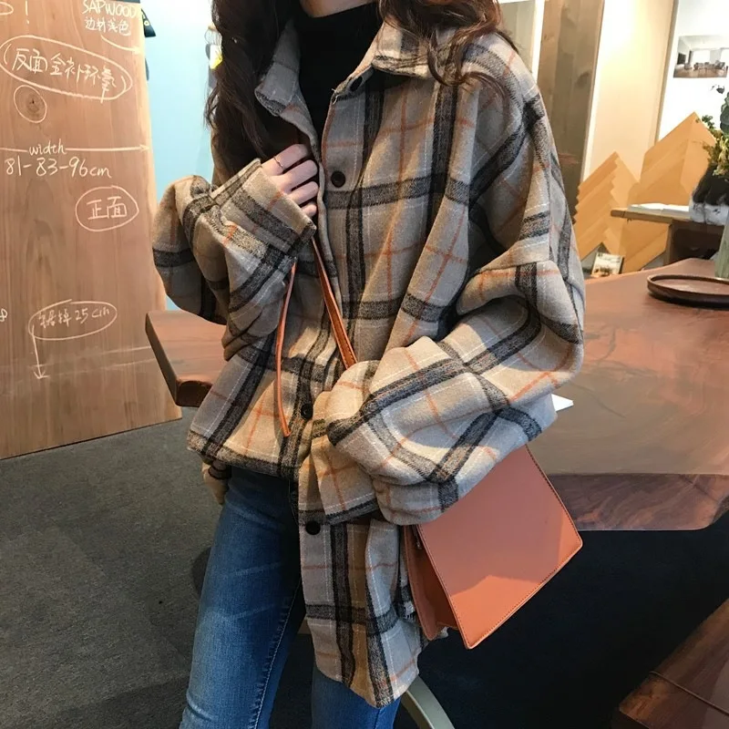 

Korean Style Oversized Plaid Shirts Blouse Women Autumn Cotton Blouse Long Sleeve Plus Size Blouses