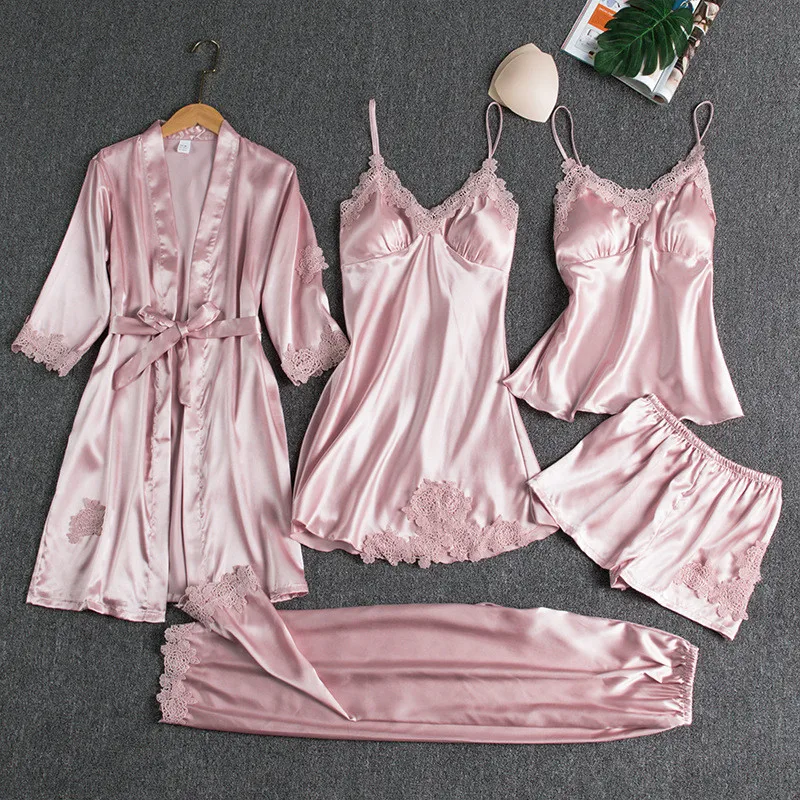 5 Pieces Faux Silk Pajamas Set Women Multicolor Sexy Satin Strap Top Pants Padded Sleepwear Lace Robe Gown Spring Autumn 3XL