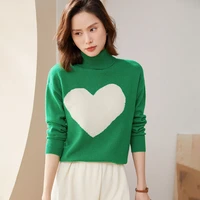 spring and autumn new solid color turtleneck temperament pure wool casual love heart knitted sweater loose bottoming womens top