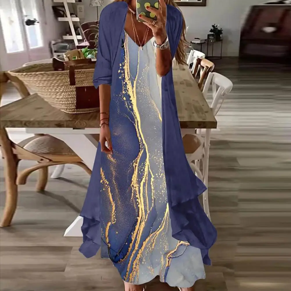 

2Pcs/Set Dress Set V Neck Sling Design Summer Marble Print Dress Cardigan Set Streetwear