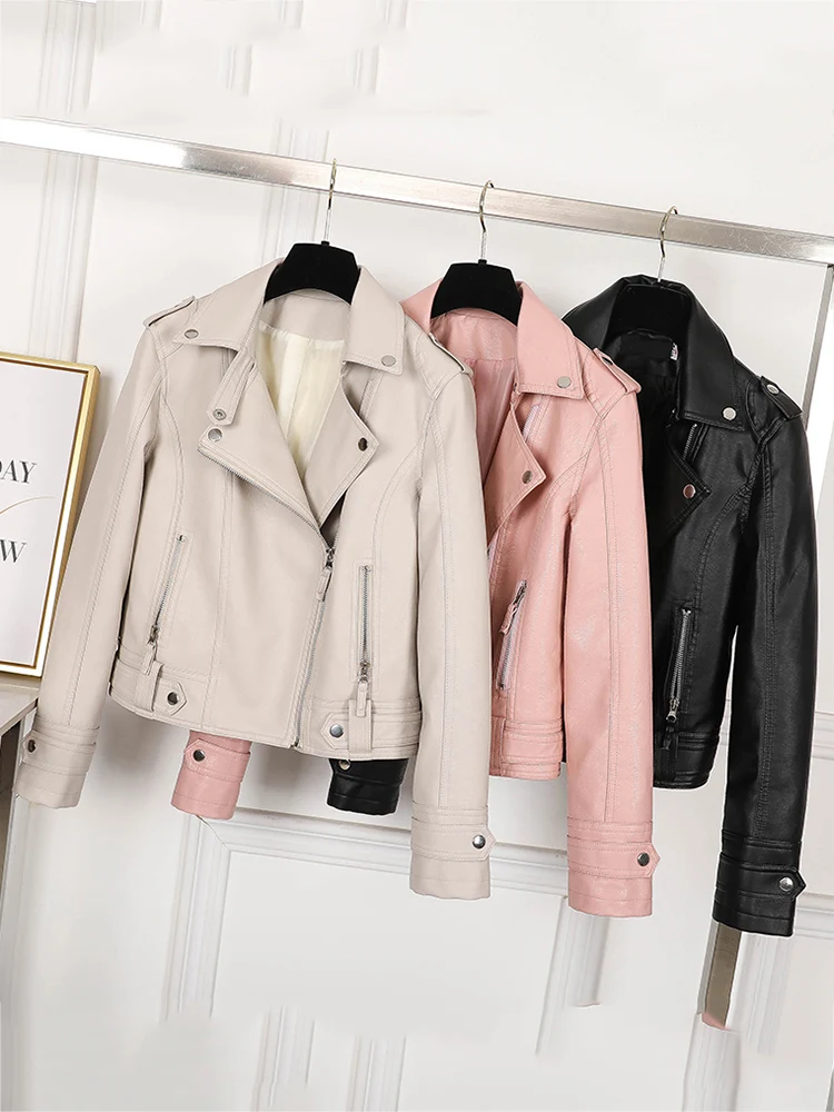 Women Faux Leather Jacket Beige Casual Slim Motorcycle Biker Leather Coat Female Punk Streetwear Spring Autumn Jackets