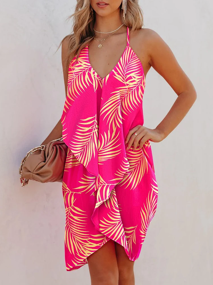 

Dress For Women 2022 Autumn Casual Leaf Print Halter Backless Draped Casual Dress Vestidos De Mujer Elegant Boho Mini Robe Femal