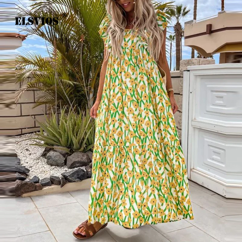 

Женское Повседневное платье макси с цветочным принтом, свободное пляжное платье-трапеция с квадратным вырезом и коротким рукавом, лето 2022