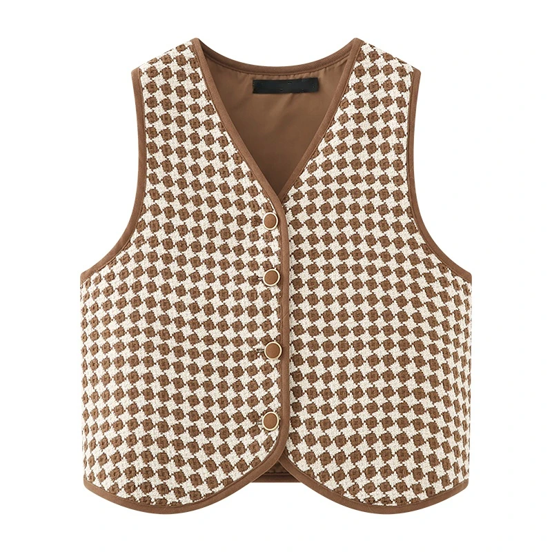 

Spring and Autumn Korean Plaid Vest Women Sleeveless V Neck Button Tank Tops Outerwear Vintage Waistcoat Female Vests Summer