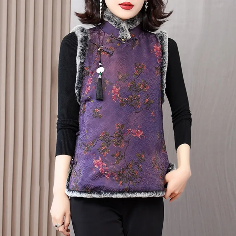 

Purple Print Sleeveless Padded Jacket Women Tang Suit Tops Chinese Fashion Autumn Winter Thicken Vest Traditional Vintage Gilet