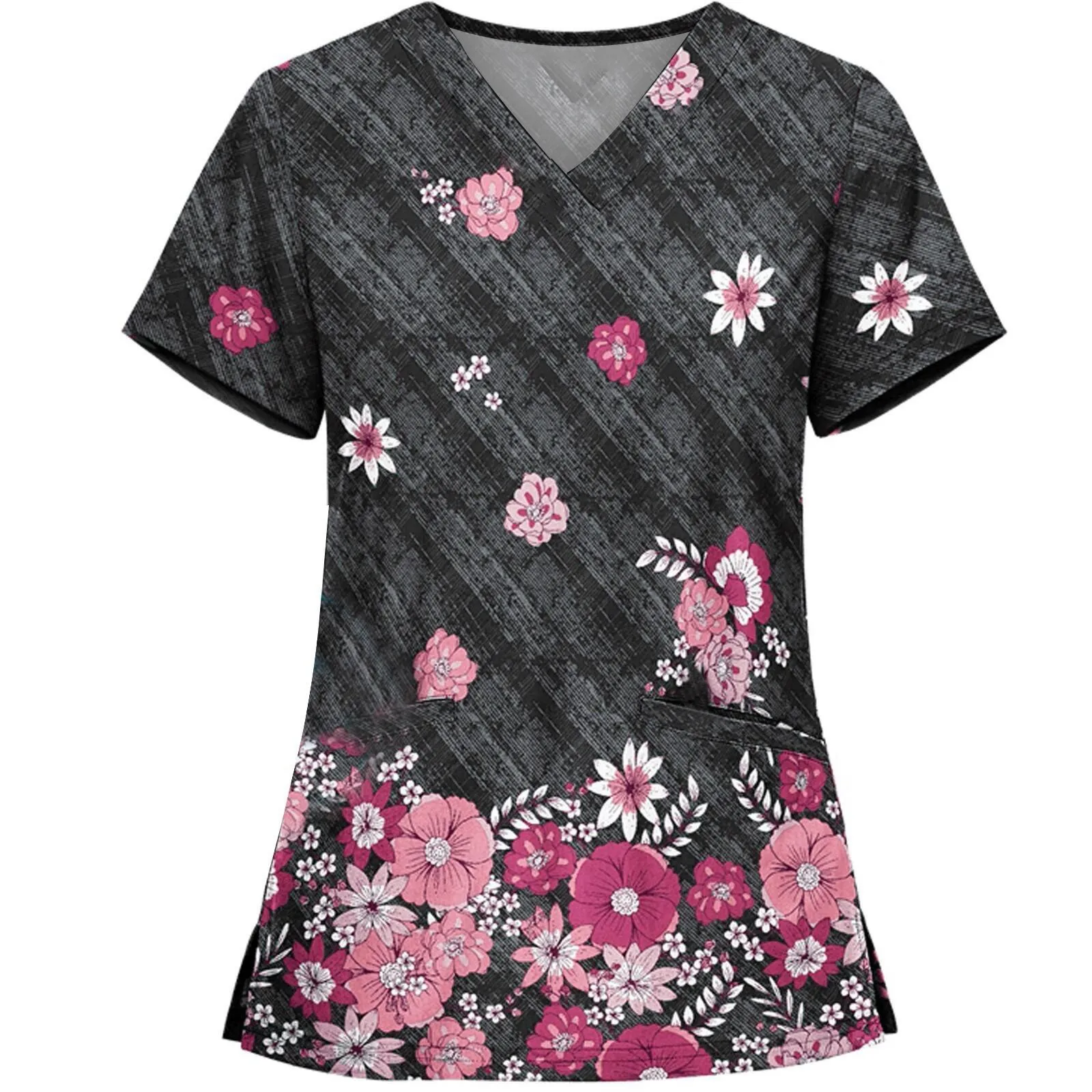 

Nurse Uniform Women Scrub Top Short Sleeve V Neck Flower Printed T Shirts Hospital Nursed Working Blouse With Pockets 2022