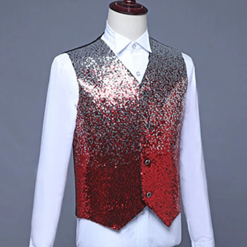 

#4866 Gradient Color Sequins Vests Men Shinny Vests Male Dance Stage Singer Vests For Men Slim Men's Vest Sleeveless Vest Male