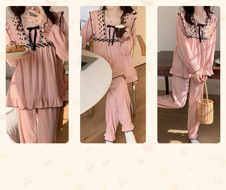 Yasuk Spring Autuum Fashion Women's Casual Sleepwear Homewear Sexy Lovely Sweet Pink Black Pajamas With Pants Soft Lace Bow