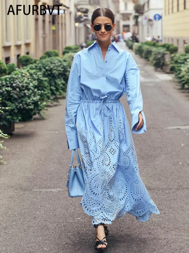 

2022 New Luxury Designer White Shirt Long Dress Elegant Young Casual Fashion Full Sleeve Women Straight Dress