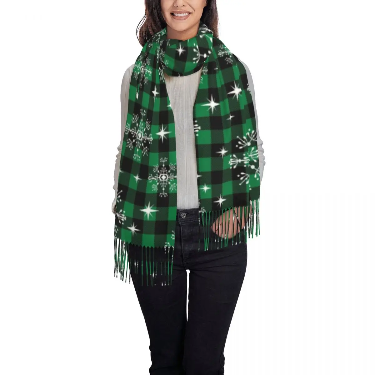 

Christmas Black Green Plaid Soft Cozy Cashmere Scarf Woven Wrap Womans Warm Shawl