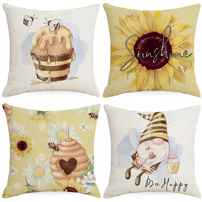 Льняная наволочка с принтом подсолнуха пчела весна-лето Цветочная Подушка для