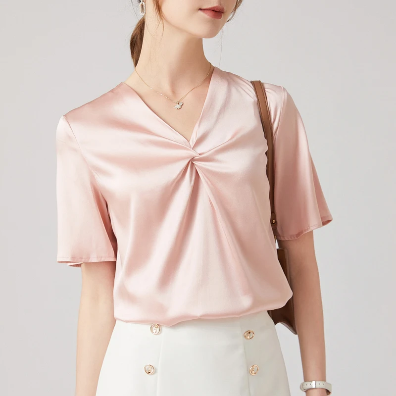 

Summer Casual Women's Silk Satin Blouse Elegant Short Sleeves Chic Design Basics Versatile Soft Silky Solid Color Fashion Top