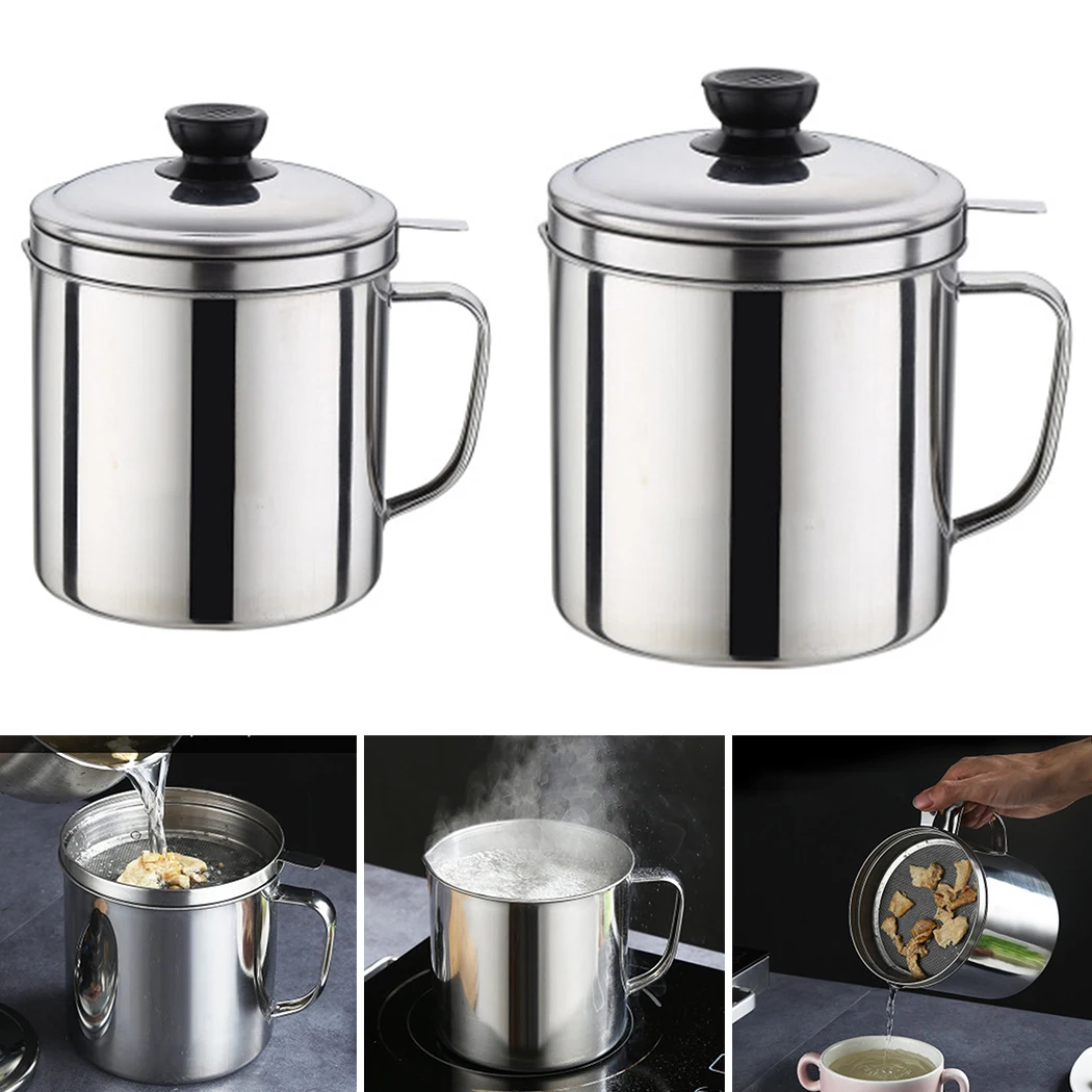 

1.3L/1.8L Stainless Steel Oil Strainer Pot Silver Container Jug Storage Can Filter Cooking Restaurant Kitchen Supplies NEW