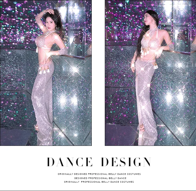 Женский костюм для танца живота выступления откровенный с бахромой и блестками