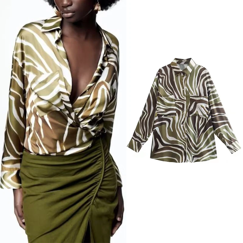 

2022 Spring Women Fashion Printed Shirt Versatile Long Sleeve Single-breasted Lapel Female Mid-length Shirt Chic Top XX8760