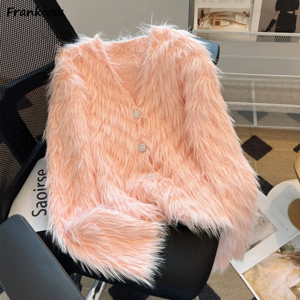 Женский теплый кардиган с v-образным вырезом и длинными рукавами однобортный