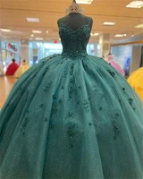 emerald green lace appliques quinceanera dresses spaghetti straps princess ball gown tulle plus size coset women prom dress