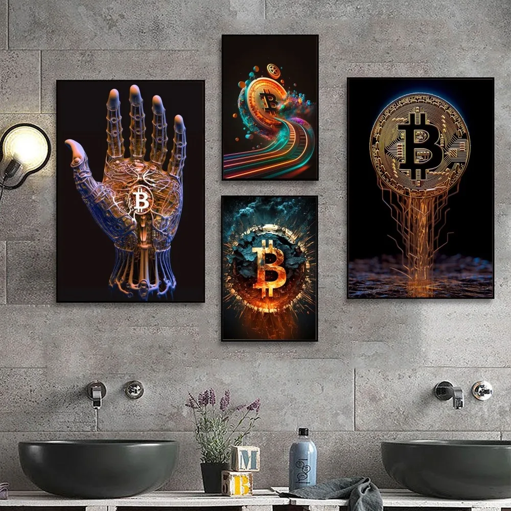 Современный постер с неоновыми брызгами биткойнов высококачественная цифровая