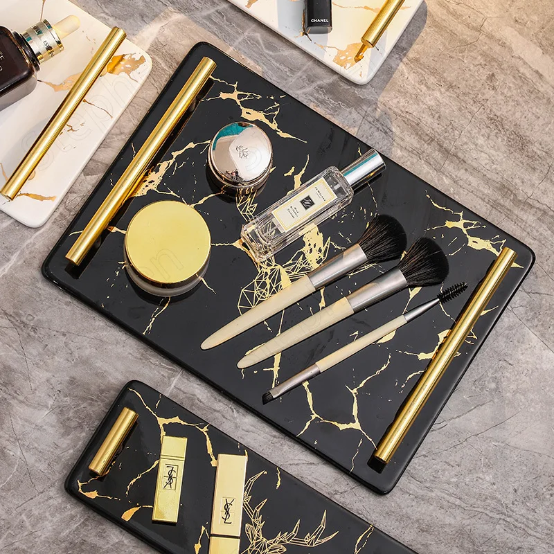 Golden Handle Ceramic Trays Decorative Nordic Modern Gold Marble Texture Home Bathroom Cosmetic Skin Care Products Storage Tray |
