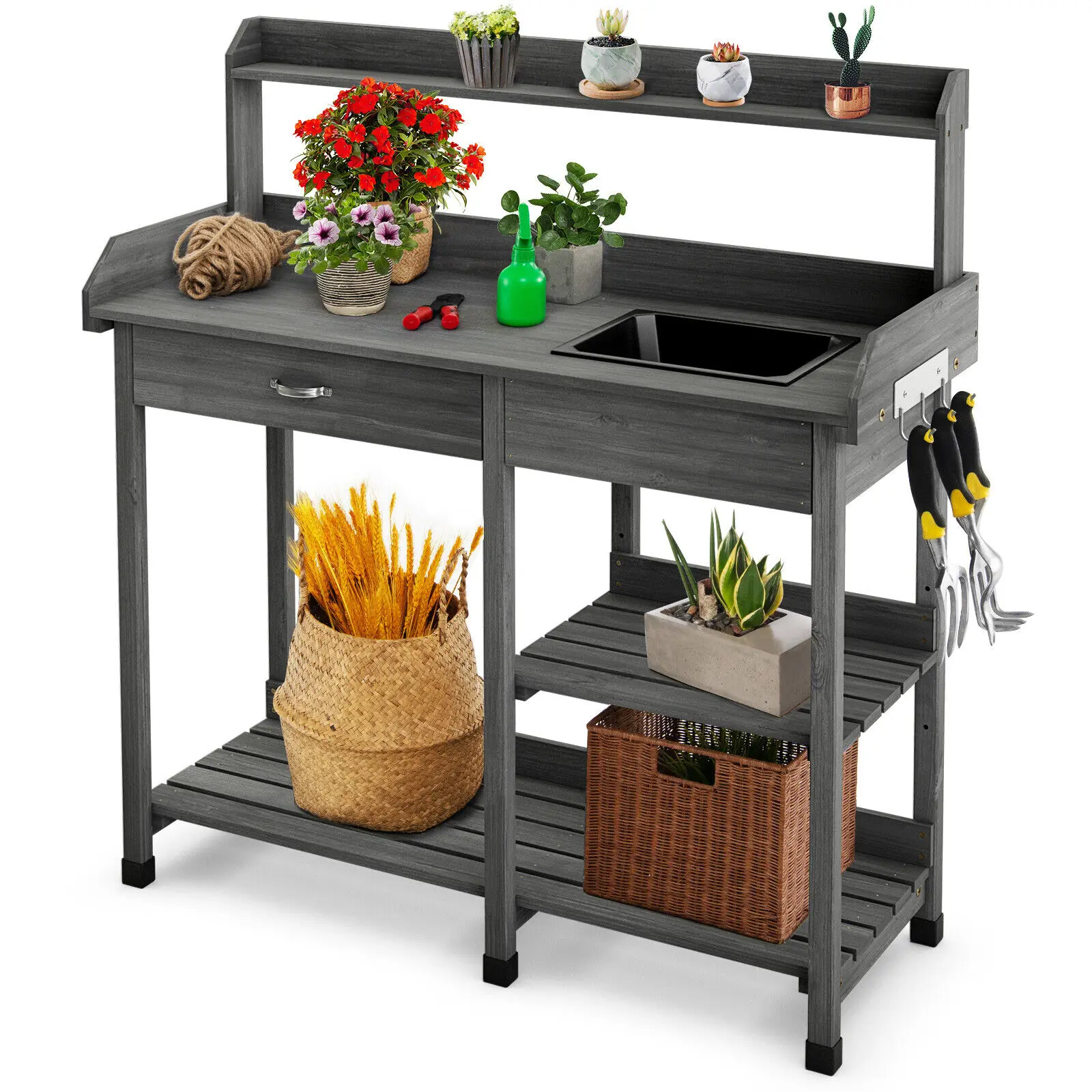 

Outdoor Garden Potting Bench Lawn Patio Table Storage Shelf Work Station Grey