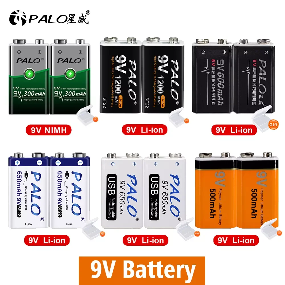 

9V Rechargeable Battery Lithium Li-ion 9 Volt 6F22 Ni-MH Ni MH 9V Crown Battery for Multimeter KTV Microphone Metal Detector