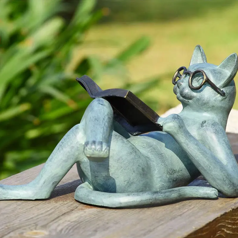 Reading Cat Animal Figurines Literary Cat Garden Statue Room Desk Decor Accessories Home Decoration Ornamentss Sculptures Toys