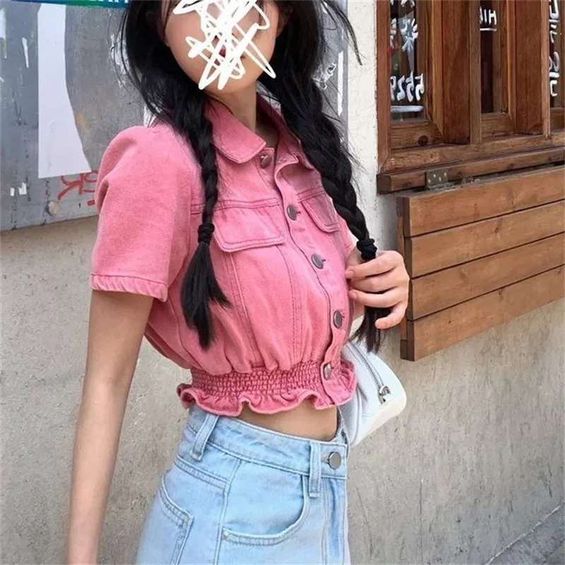 

Women Polo Neck Raspberry Powder Short-sleeved Denim Coat 2023 Autumn Summer Female Design Sense Short Chic Sweet Spicy Wind Top