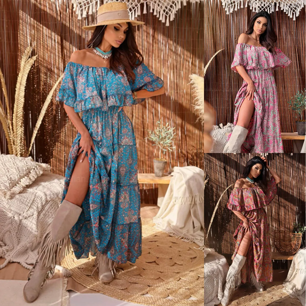 

Women's Slash Neck Ruffled Sleeves Maxi Dress Female Fashion Boho Floral Print Beach Vacation Outfits Sundress Vestidos Mujer