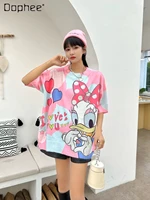 fashion brand cartoon rhinestone round neck pullover short sleeve knitted womens spring summer mid length loose pink t shirt