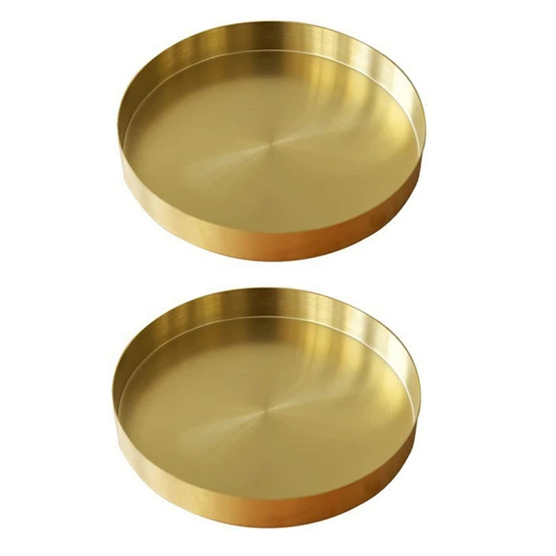 

2X Round Gold Tray,Metal Decorative Tray Makeup Tray Organizer For Vanity,Bathroom,Dress,Matte Brass Finish, 11.8 Inch