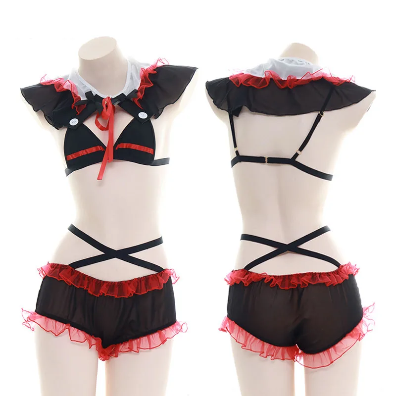 

Kawaii Gothic Lolita Dark Witch Cosplay Sexy Lingerie Set Women Ruffles Lace Bra and Panty Set Japanese Style Bikini Uniform Sui