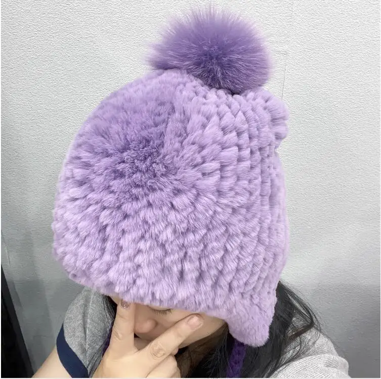Winter Purple Real Rex Rabbit Fur Hat for Women Girls  Handmade Hats with Earflap Pompom Ball