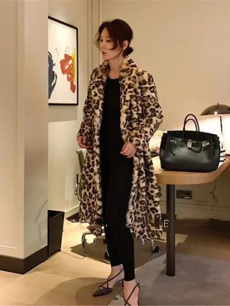 Женское пальто из искусственного меха зимнее леопардовое толстое пушистое