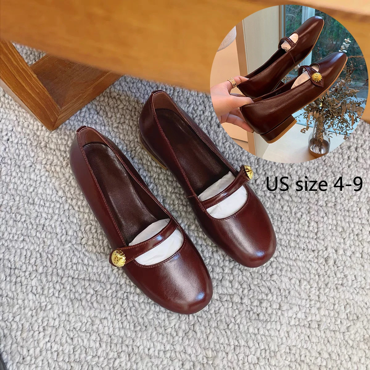 

Women's Shoes Low Heel French Platform Vintage Small Leather Shoes Metal Decoration Solid Color Light Mouth Round Toe