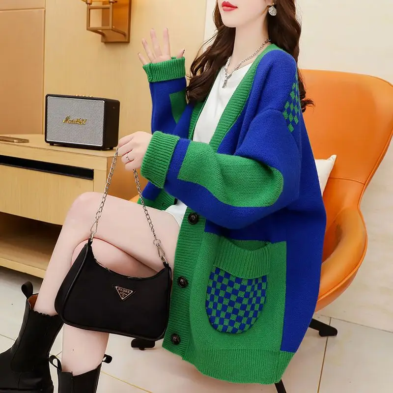 

Elegant Open Stitch Sweater Cardigan Women Chic Patchwork Sweater Coats Casual Soft Knitwear Korean Fashion Loose Jacket T657