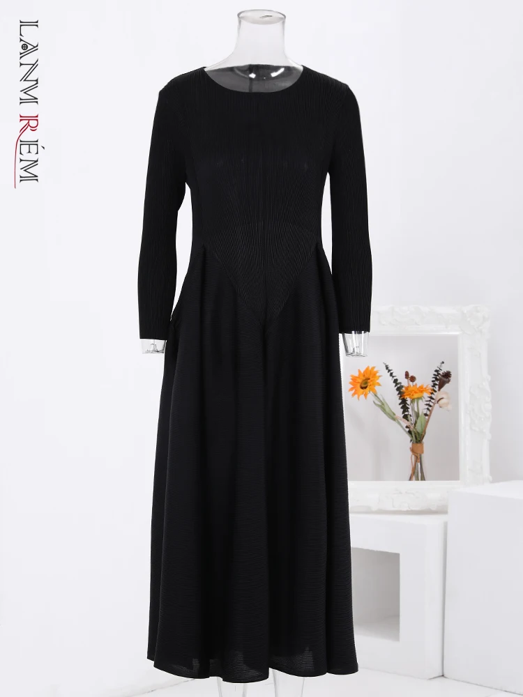 

LANMREM Women Pleated A-line Dress Casual Round Neck Long Sleeves Solid Color Dresses Fashion Female 2023 Autumn New 32C232