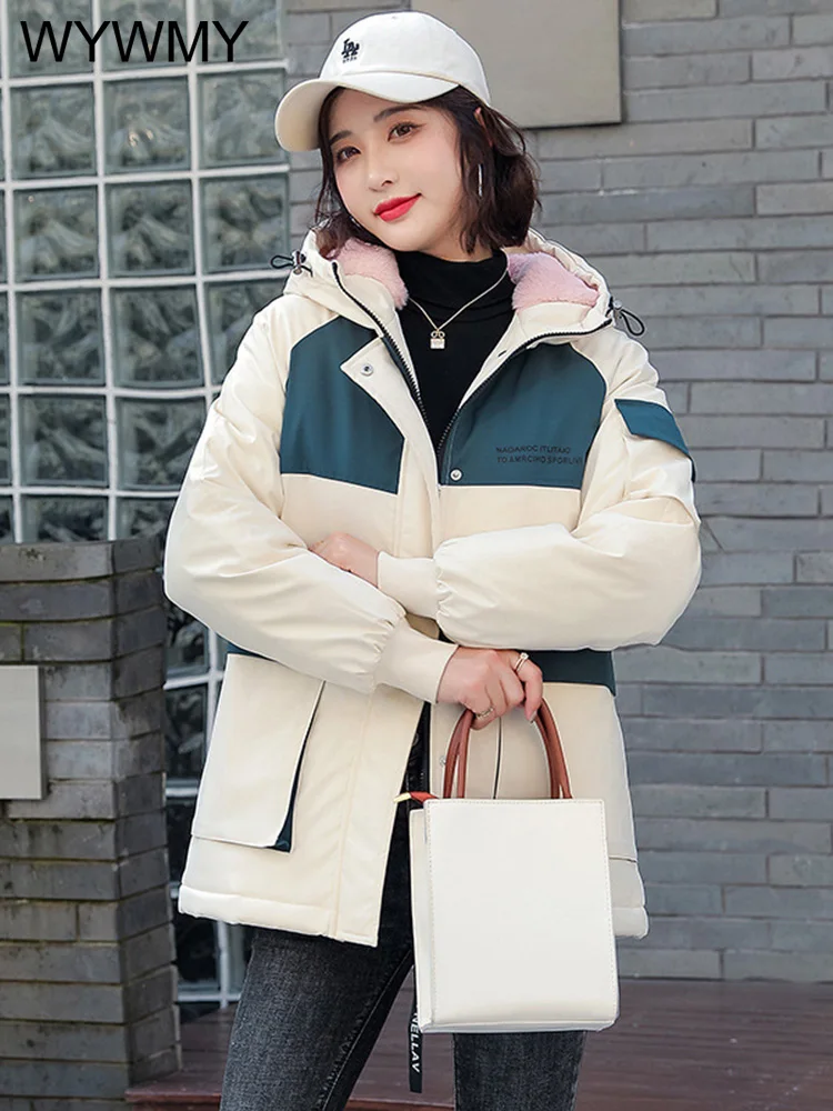 Winter Jacket Women Warm Parkas Fur Lining Snow Wear Jackets Spliced Hooded Coats Office Lady Slim Fashion Big Pockets Clothing