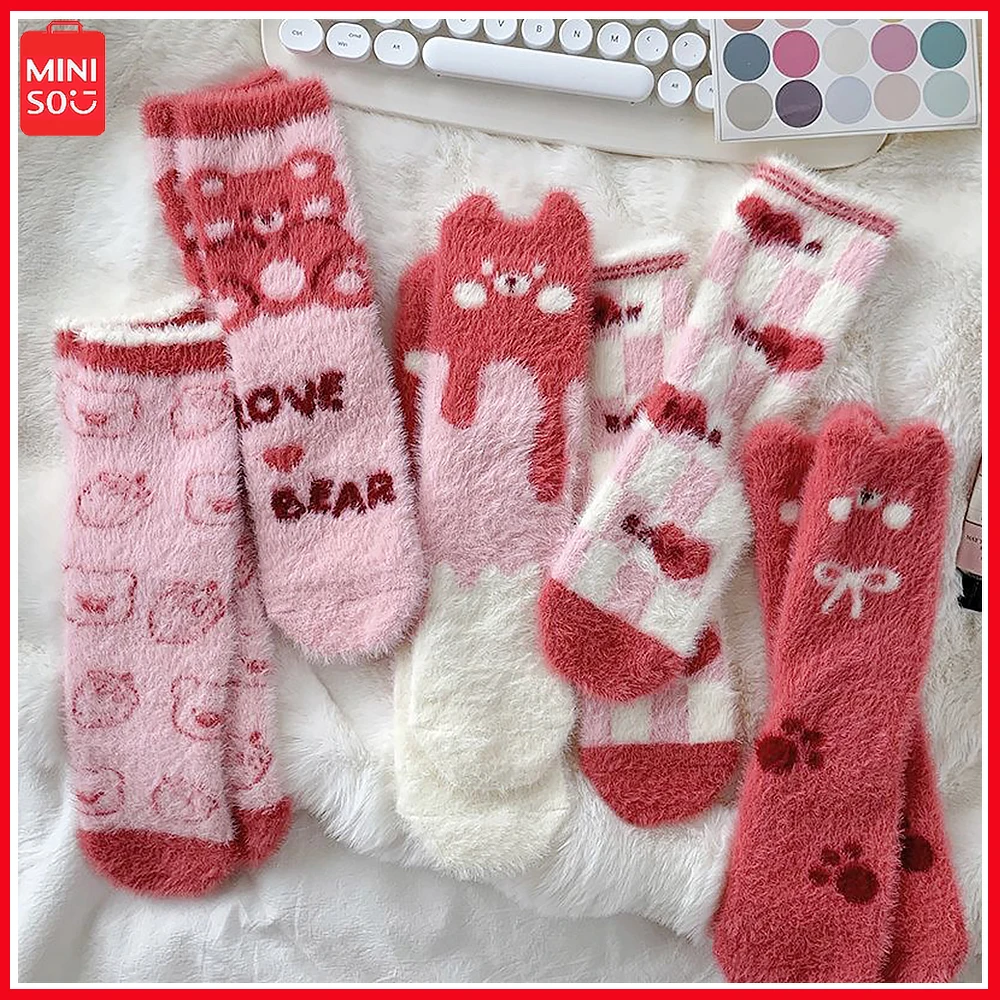 

Miniso Lotso Cartoon Socks Mink Velvet Women Autumn Winter Thick Sleeping Socks Winter Fluffy Cute Japanese Warm Tube Christmas