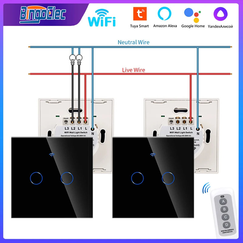 

Bingoelec WiFi Smart 2 Way Switch EU 1 2 3 Gang Glass Wall Touch Switches RF433 Remote Control Alexa Google Home Compatible